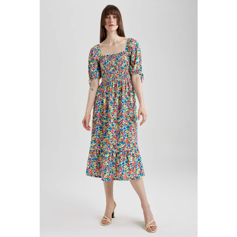 DEFACTO Square Neck Floral Balloon Sleeve Midi Short Sleeve Dress