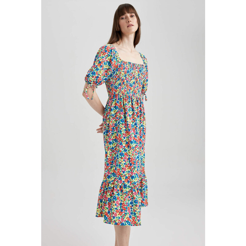 DEFACTO Square Neck Floral Balloon Sleeve Midi Short Sleeve Dress