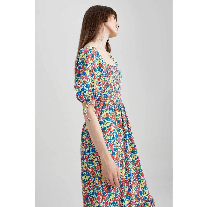 DEFACTO Square Neck Floral Balloon Sleeve Midi Short Sleeve Dress