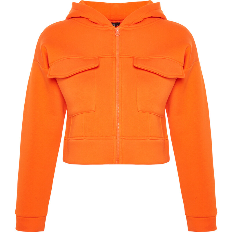 Trendyol Orange Relaxed-Cut Crop Pocket Detailed Hoodie, Fleece Inner Knitted Sweatshirt