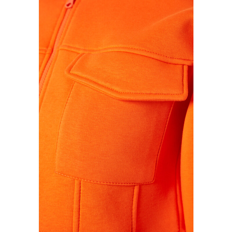 Trendyol Orange Relaxed-Cut Crop Pocket Detailed Hoodie, Fleece Inner Knitted Sweatshirt