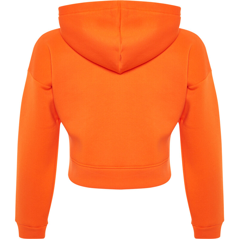 Trendyol Orange Relaxed-Cut Crop Pocket Detailed Hoodie, Fleece Inner Knitted Sweatshirt