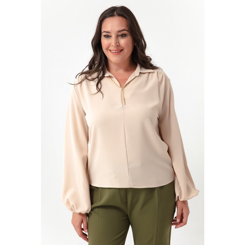 Lafaba Women's Beige Long Sleeved Plus Size Blouse with Necklace