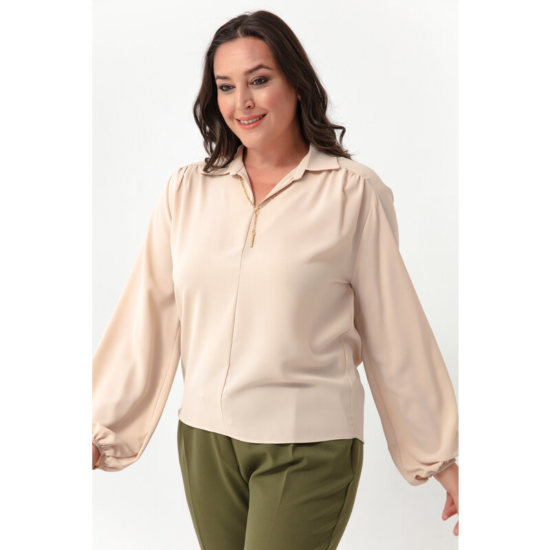 Lafaba Women's Beige Long Sleeved Plus Size Blouse with Necklace