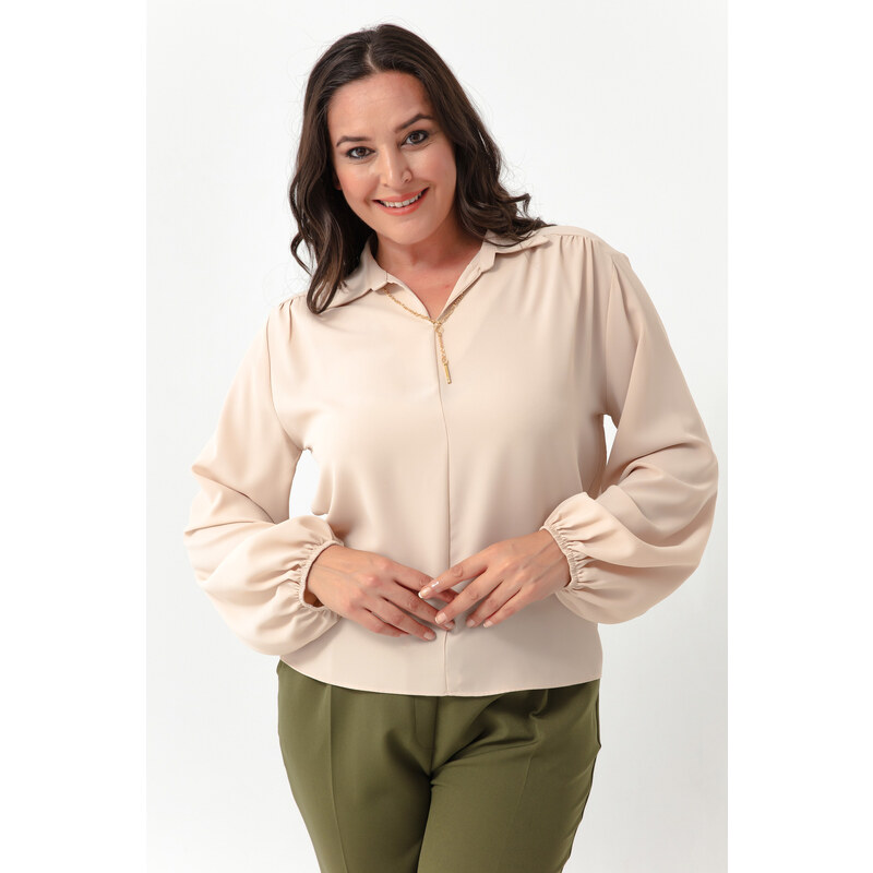 Lafaba Women's Beige Long Sleeved Plus Size Blouse with Necklace