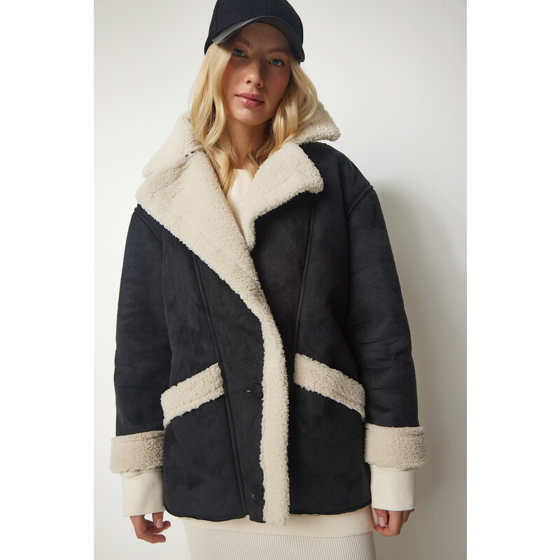 Happiness İstanbul Dámský černý semišový kabát Shearling