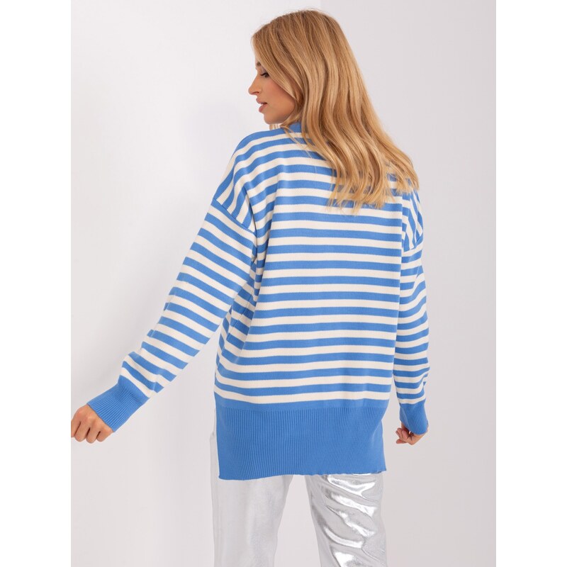 Fashionhunters Modrý a ecru pruhovaný oversize pletený svetr
