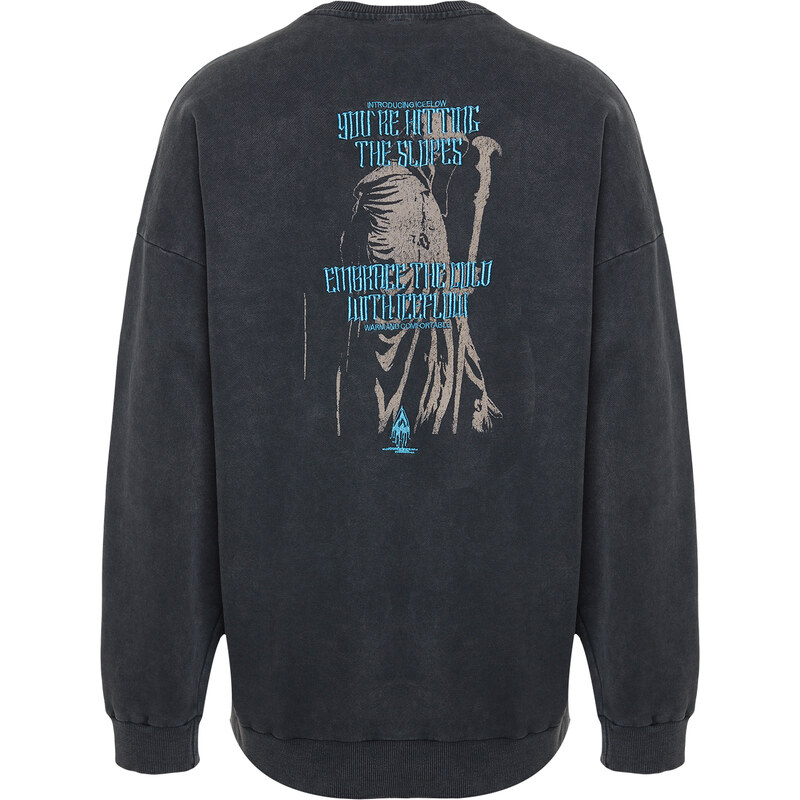 Trendyol Anthracite Oversize/Wide Cut 100% Cotton Faded Effect Mystical Themed Sweatshirt