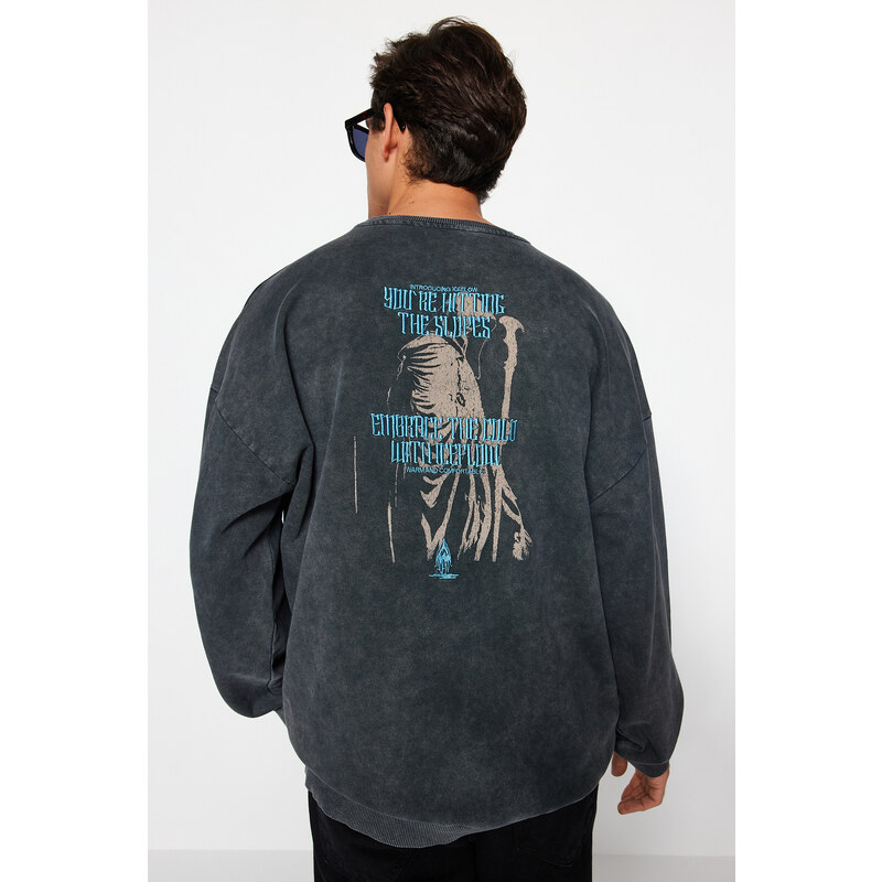 Trendyol Anthracite Oversize/Wide Cut 100% Cotton Faded Effect Mystical Themed Sweatshirt