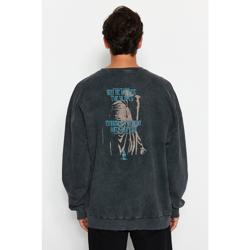 Trendyol Anthracite Oversize/Wide Cut 100% Cotton Faded Effect Mystical Themed Sweatshirt