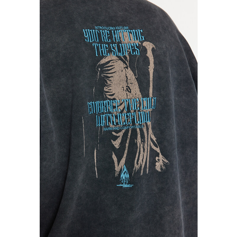 Trendyol Anthracite Oversize/Wide Cut 100% Cotton Faded Effect Mystical Themed Sweatshirt