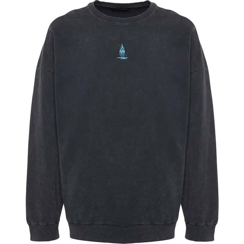 Trendyol Anthracite Oversize/Wide Cut 100% Cotton Faded Effect Mystical Themed Sweatshirt