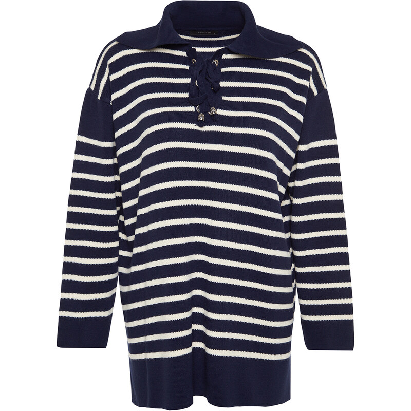 Trendyol Navy Blue Comfort Fit pruhovaný pletený svetr