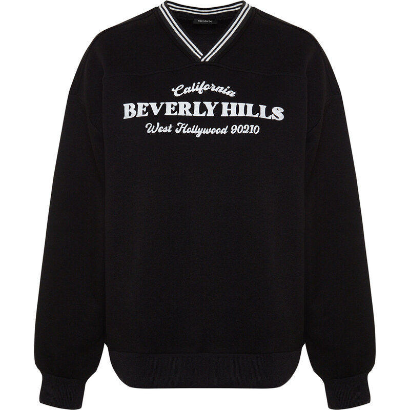 Trendyol Black Oversize/Wide Fit Knitwear Detailed with a tagline, Fleece Inside Knitted Sweatshirt