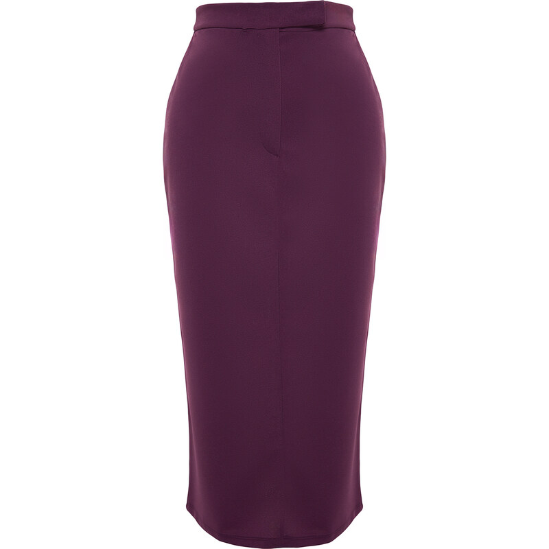 Trendyol Purple Smart Crepe Belt Detailed Fleto Pocket Midi Pencil High Waist Elastic Knitted Skirt