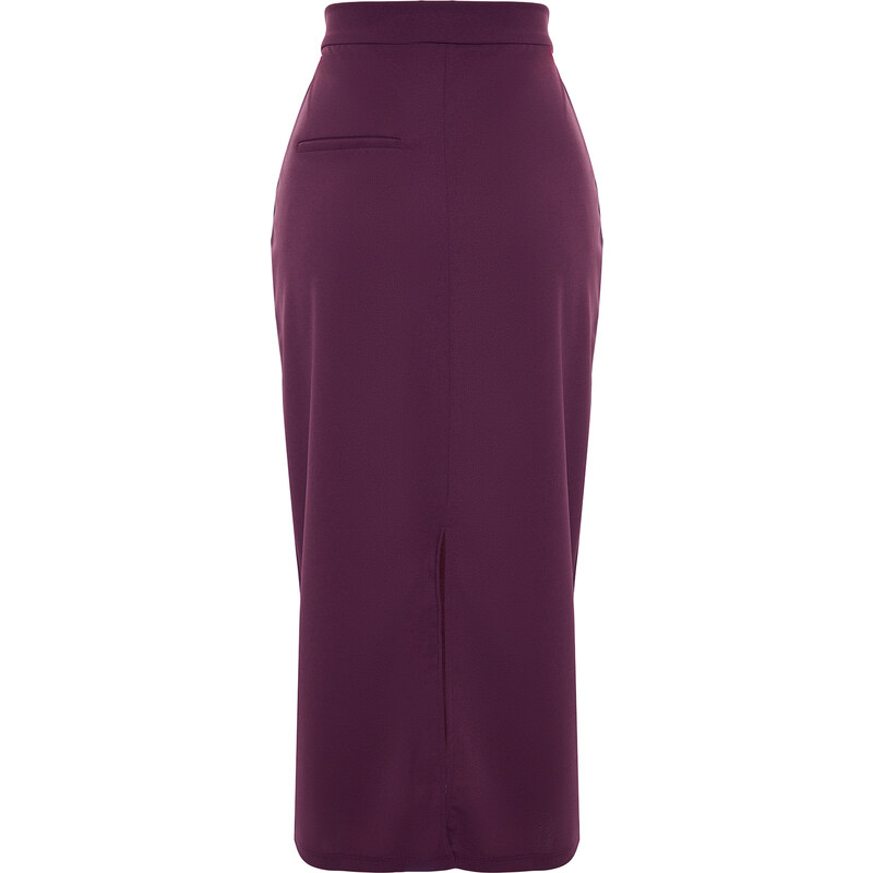 Trendyol Purple Smart Crepe Belt Detailed Fleto Pocket Midi Pencil High Waist Elastic Knitted Skirt