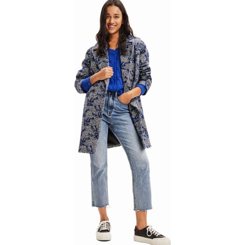 Kabát Desigual 23WWEWA9 WOMAN WOVEN OVERCOAT dámský, tmavomodrá barva, přechodný, dvouřadový