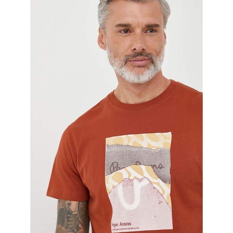 Bavlněné tričko Pepe Jeans hnědá barva, s potiskem