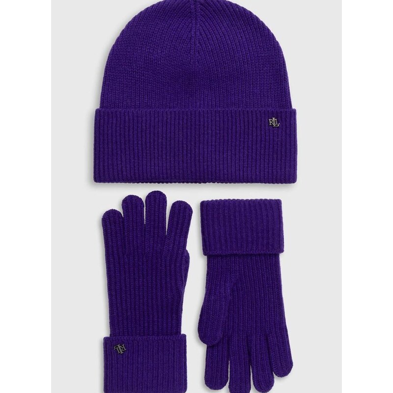 Vlněná čepice a rukavice Lauren Ralph Lauren fialová barva