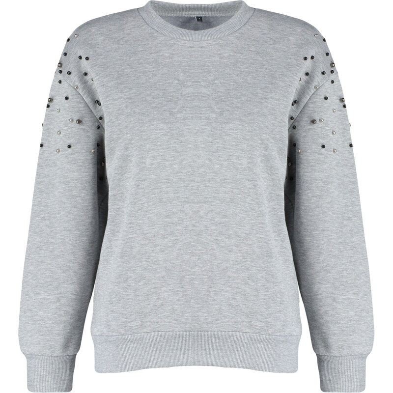 Trendyol Gray Melange Pearl Detailed Regular Fit Low-Sleeve Knitted Sweatshirt with Fleece Inside