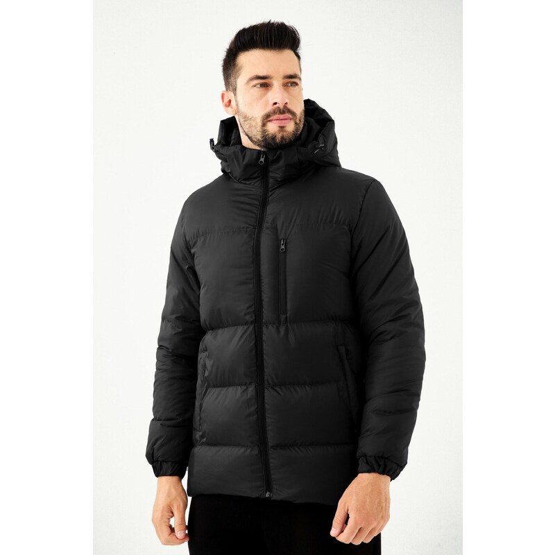 River Club Men's Black Fiber Hooded Water and Windproof Puffer Winter Coat