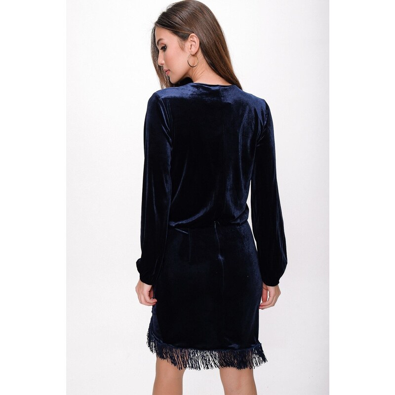 By Saygı Lycra Velvet Dress with Tassel Accessories Navy Blue