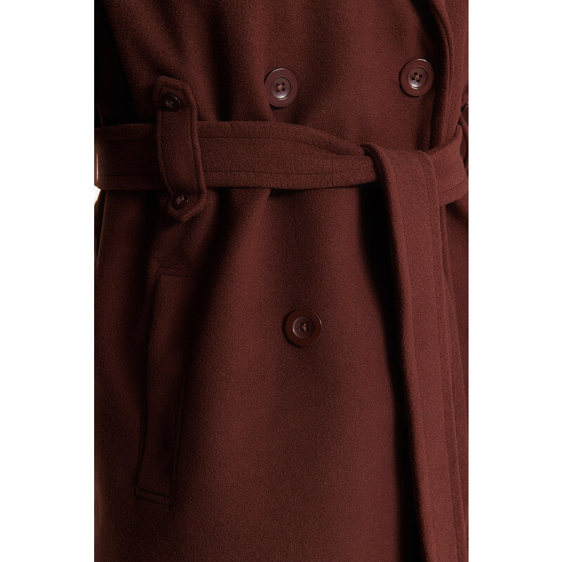 Trendyol hnědý oversize širokoúhlý páskový dlouhý stamped kabát