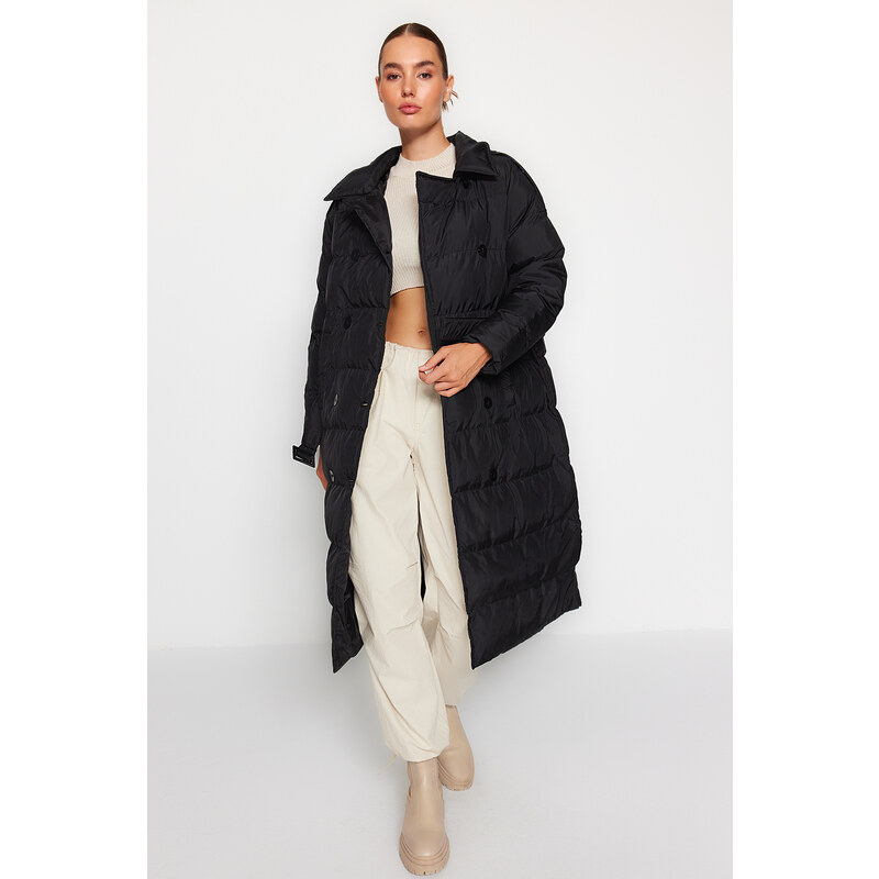 Dlouhý nafukovací kabát Trendyol Black Belted Water Repelent 107067599