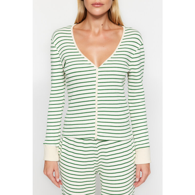 Trendyol Green Striped Cotton Tshirt with Cuff and Piping Detail - Jogger Knitted Pajama Set
