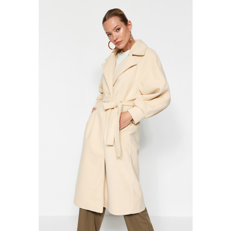 Trendyol Oversized Ecru Oversized Wide-Cut Belted Balloon Sleeve Detail Long Stamped Coat