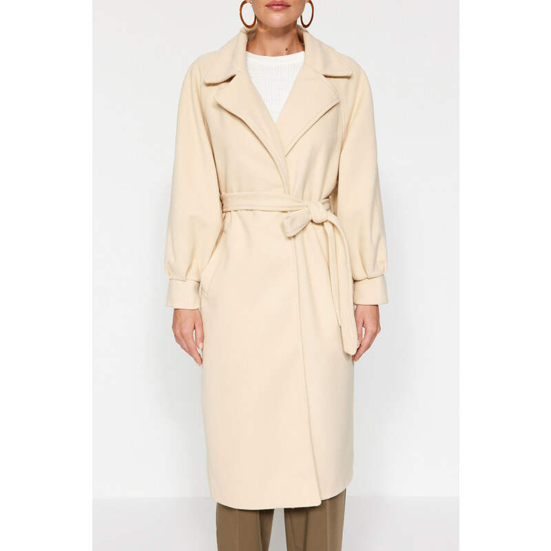 Trendyol Oversized Ecru Oversized Wide-Cut Belted Balloon Sleeve Detail Long Stamped Coat