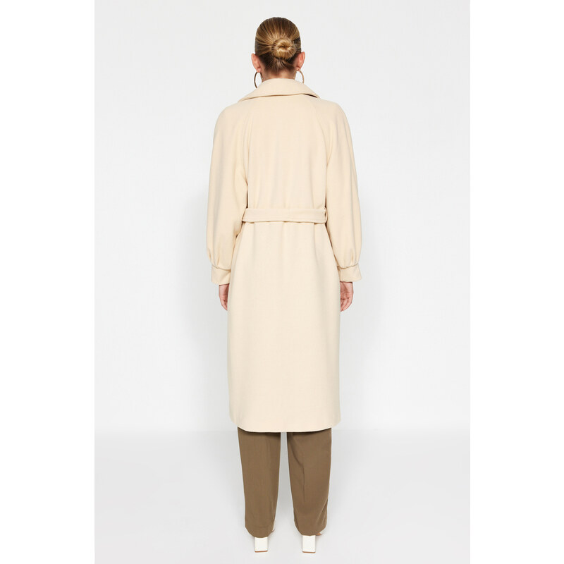 Trendyol Oversized Ecru Oversized Wide-Cut Belted Balloon Sleeve Detail Long Stamped Coat