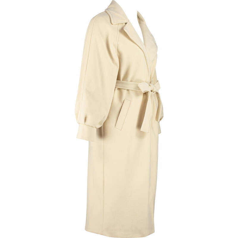 Trendyol Oversized Ecru Oversized Wide-Cut Belted Balloon Sleeve Detail Long Stamped Coat