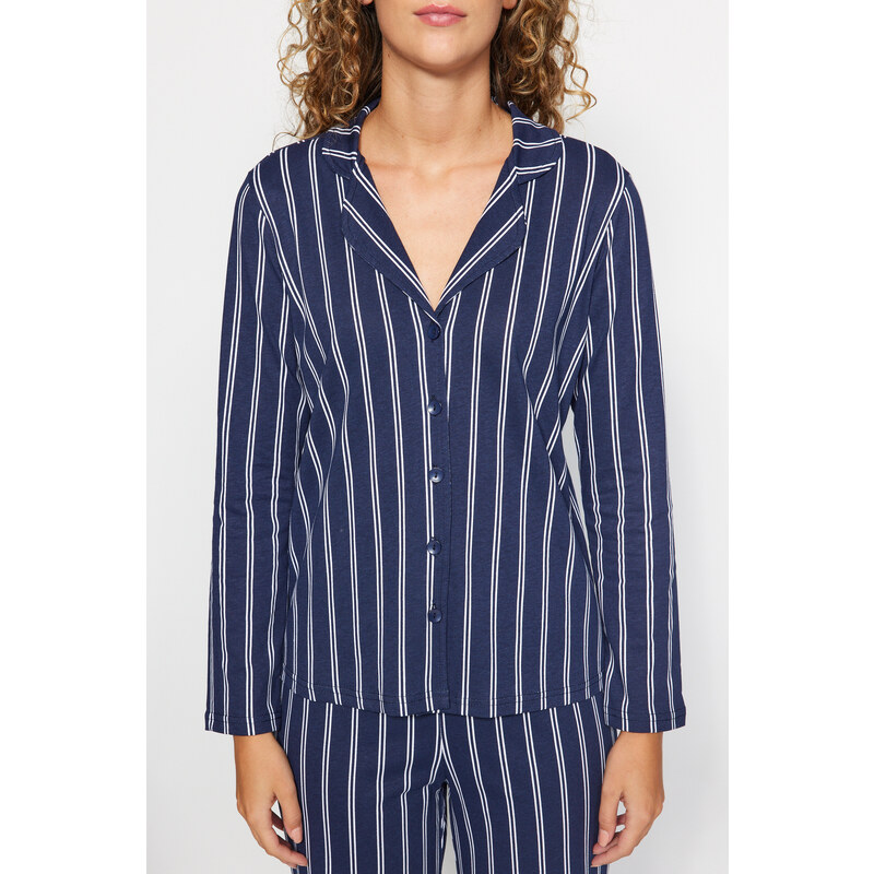 Trendyol Indigo 100% Cotton Striped Shirt-Pants Knitted Pajamas Set