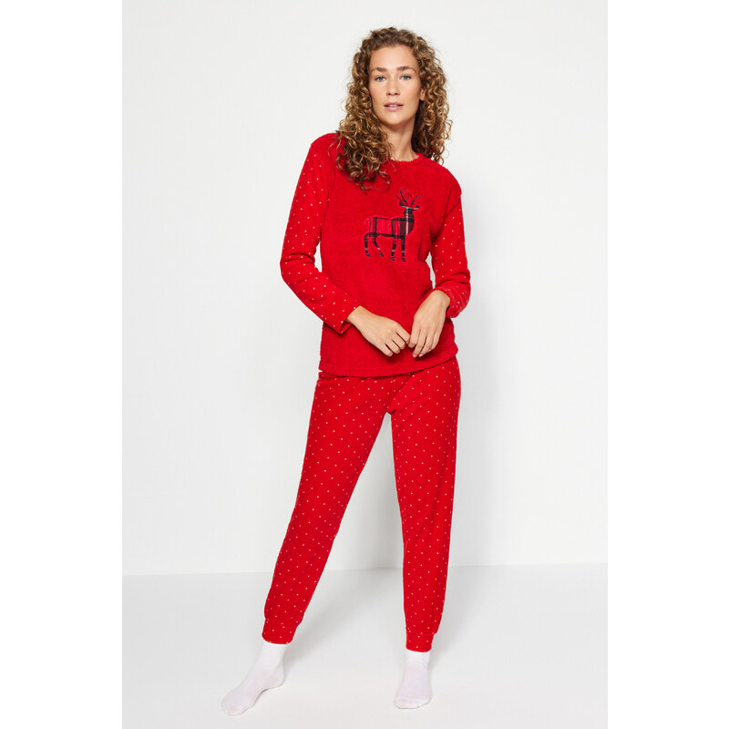 Trendyol Red Wellsoft Deer Pattern Tshirt-Jogger Knitted Pajamas Set