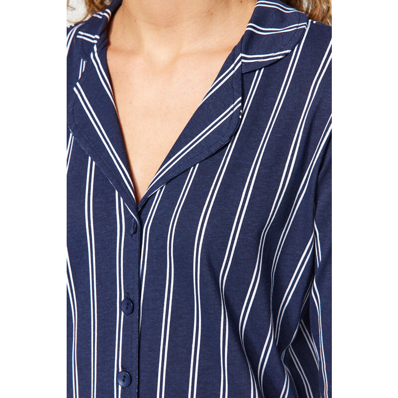 Trendyol Indigo 100% Cotton Striped Shirt-Pants Knitted Pajamas Set