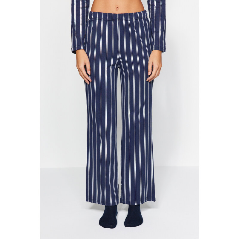 Trendyol Indigo 100% Cotton Striped Shirt-Pants Knitted Pajamas Set