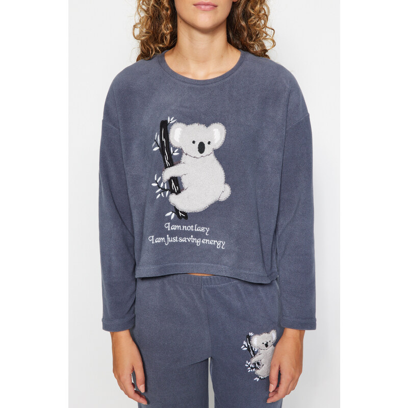Trendyol šedá fleecová košile s tričkem a pleteným pyžamem se vzorem koala