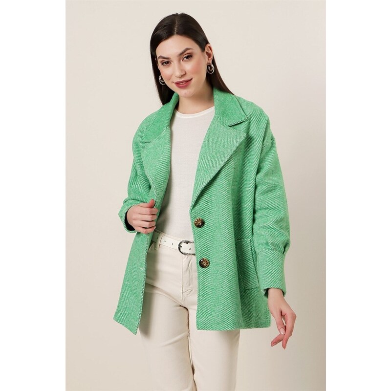 By Saygı Oversize podšitá razítkovaná bunda s kapsami s manžetovými rukávy, zelená