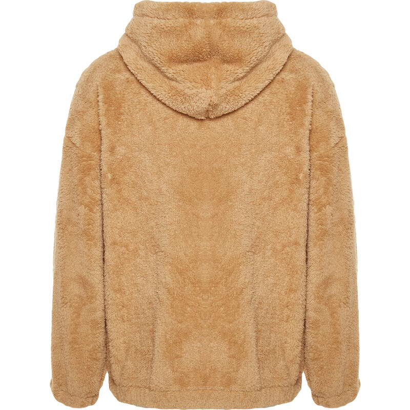 Trendyol Beige Men's Oversize Half-Zip Hooded Minimal Logo Embroidered Warm Plush Sweatshirt.