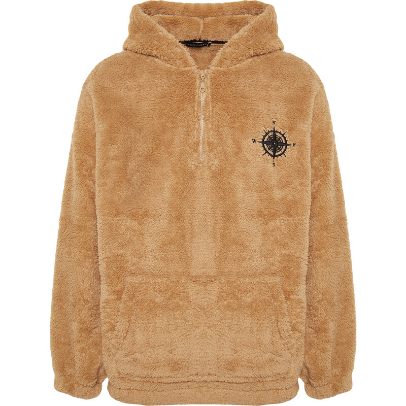 Trendyol Beige Men's Oversize Half-Zip Hooded Minimal Logo Embroidered Warm Plush Sweatshirt.