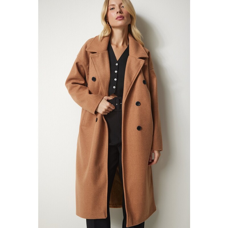 Happiness İstanbul Štěstí İstanbul Dámský velbloudí dvouřadý výstřih Oversize Cachet Coat