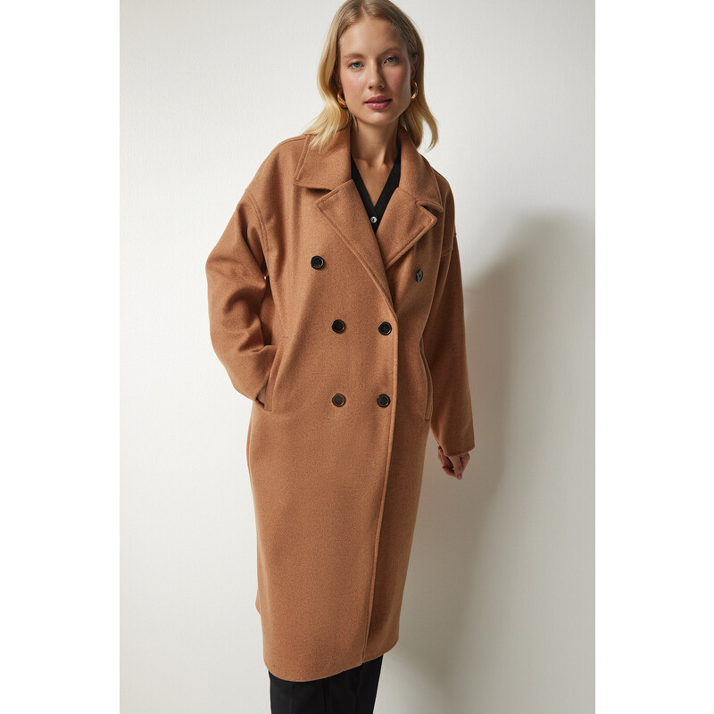 Happiness İstanbul Štěstí İstanbul Dámský velbloudí dvouřadý výstřih Oversize Cachet Coat