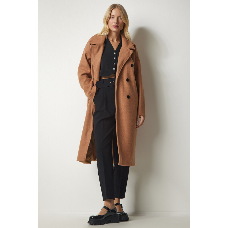 Happiness İstanbul Štěstí İstanbul Dámský velbloudí dvouřadý výstřih Oversize Cachet Coat