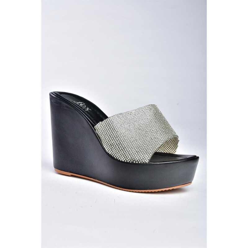 Fox Shoes Women's Black Stone Detailed Wedge Heels Slippers.