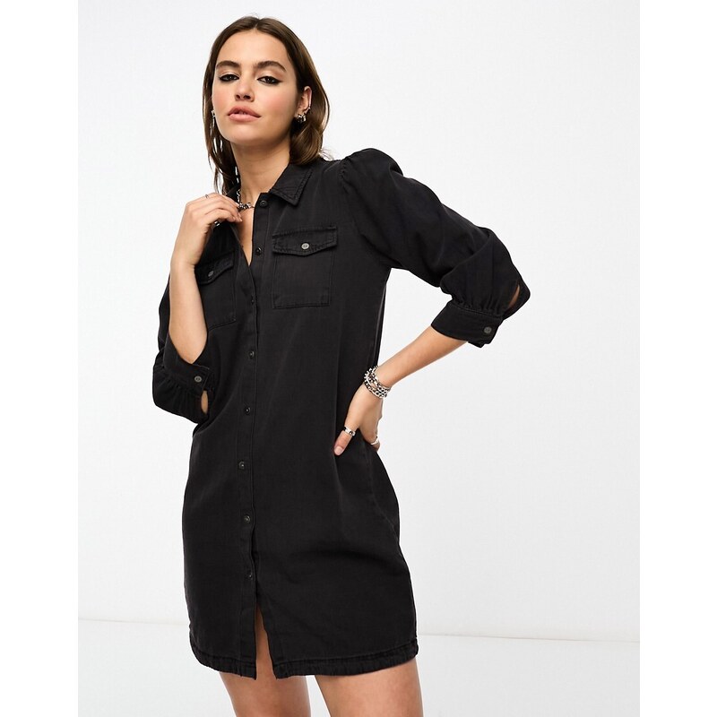 ONLY puff sleeve denim mini dress in black 92012304