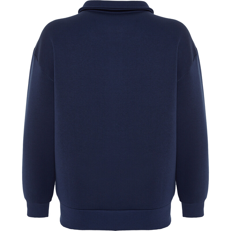 Trendyol Navy Blue Zipper Collar Embroidery Detail Regular Fit Knitted Sweatshirt with Fleece Inside