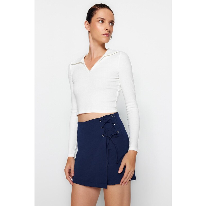 Trendyol Navy Blue Lace-Up and Eyelet Detail Woven Shorts Skirt