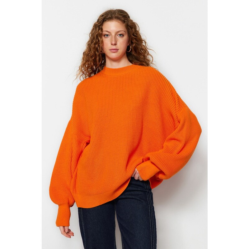 Trendyol Orange Wide Fit Crew Neck Pletený svetr