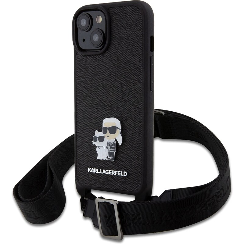 Guess Ochranný kryt s crossbody popruhem pro iPhone 15 - Karl Lagerfeld, Saffiano Metal Karl and Choupette Black